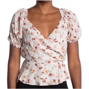Astr The Label Taupe Rust Floral Faux Wrap Peplum Waist Shirt L